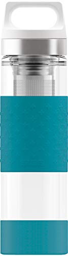 Sigg Hot & Cold Glass Aqua, 0.4 L, Doppelwandige-isolierte Glas Trinkflasche mit Silikonschutz, BPA Frei, Blau, 8555.7, 0.4 Liter