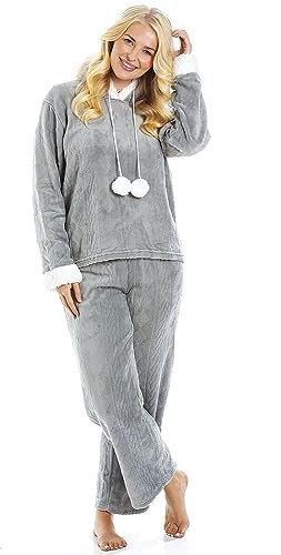 Camille Women's 2 Piece Super Soft Pyjama Set - Thick Luxury Fleece Full Length PJ Set -Long Sleeved with Elasticated Waist & Sherpa Lined Hood Grey 18-20