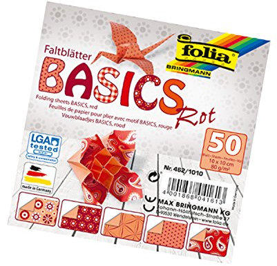 folia 462/1010 - Faltblätter Basics rot 10 x 10 cm, 80 g/qm, 50 Blatt sortiert in 5 Motiven - ideal für wunderschöne Faltfiguren und -formen