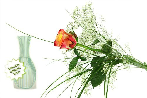 Zweifarbige gelb-rote Rose mit Schleierkraut und Gräsern - Inklusive Vase und Grußkarte