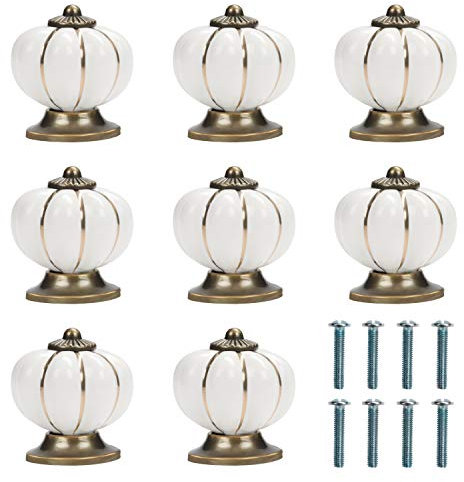 Kurtzy Keramikknopf, weiß und gold, mit Schrauben in Kürbisform (8 Stück) – 3,6 x 3,9 cm – Möbelknopf rund Vintage – für Haus, Büro, Küchenschrank, Schubladen und Schrank