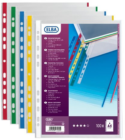 ELBA Hüllen perforiert A4 aus Polypropylen 9/100 verschiedene Farben 100 Pochettes sortiert