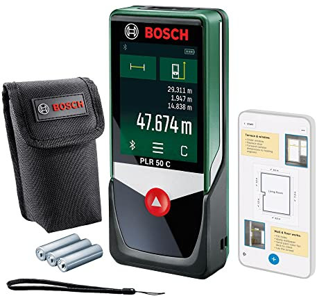 Bosch Home and Garden Laser Entfernungsmesser PLR 50 C (Messbereich: 0,05 – 50 m, Touchscreen-Display, in Kartonschachtel), 0603672200, Schwarz/Grün, Hasta 50m (en blíster)