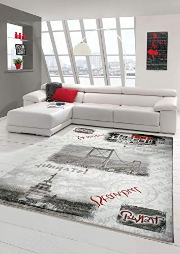 Designer Teppich Moderner Teppich Wohnzimmer Teppich Istanbul Motiv Grau Creme Rot Schwarz Größe 80x150 cm