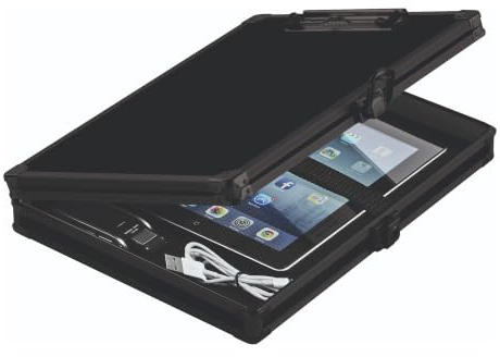 Vaultz Klemmbrett für Briefgrößen, mit Schloss Tactical Black, 1 Packung | Kunststoff-Klemmbrett mit Staufach, Netztaschen, Wandhalterung und Verriegelungssicherheit für Büro, Krankenpflege und