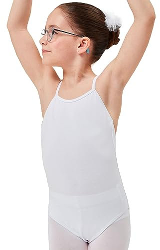 tanzmuster ® Ballettanzug Mädchen Träger - Leonie - aus Baumwolle, Ballettbody Ballett Trikot in weiß, Größe 140/146