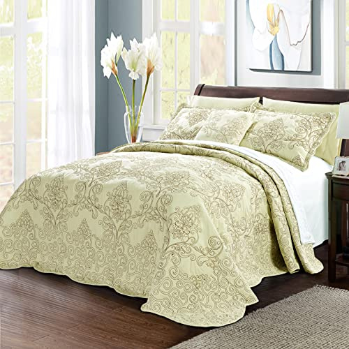 Home Soft Things Damask 4 Piece Bedspread Set, Scalloped Edge Quilt Coverlet Comforter Prewashed Bedding Set, Matelasse Embossed Floral Solid Pattern, Yellowish Green Oversize Queen(110 x 120)