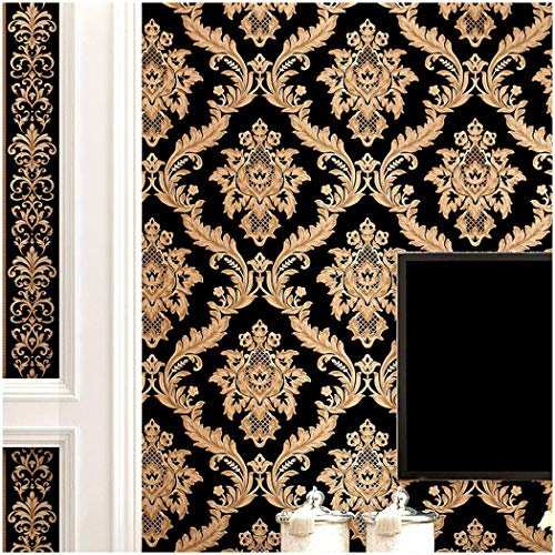 Blooming Wall: Vliestapete, elegante, europäische Beflockung, geprägte Damast-Tapete, Wandbild, Tapete für Wohnzimmer und Schlafzimmer, 50 m², Gold/Schwarz