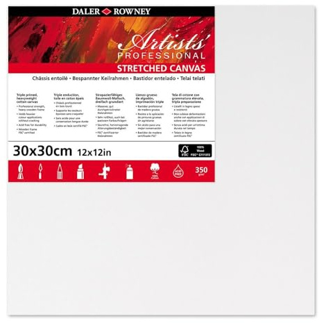 Daler-Rowney Artists' Stretched Canvas, Medium Grain, 350 gsm, 20mm Deep, 12 x 12in - 30 x 30 cm, White