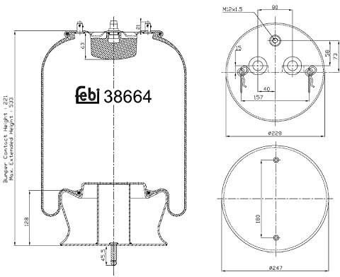 FEBI BILSTEIN 38664 Luftfederbalg Federbalg Vorne Links Vorne Rechts 370 145mm 228 250mm