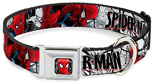 Buckle-Down Dog Collar Seatbelt Buckle Spider Man Action Poses Comic Scenes White Black Red 15 to 26 Inches 1.0 Inch Wide, Multicolor (DC-WSPD039-L)