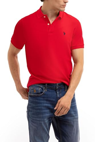 U.S. Polo Assn. Men's Classic Polo Shirt, Two-Button Closure Pique Polo Shirt, Summer Fashion Golf Shirt, Engine Red, Medium