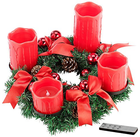 Britesta Adventsdeko-Kerzen-Kranz: Adventskranz mit roten LED-Kerzen, rot geschmückt (Adventskränze ohne Echte Kerzen, Kerzenkränze, Kabellose Weihnachtskerzen)