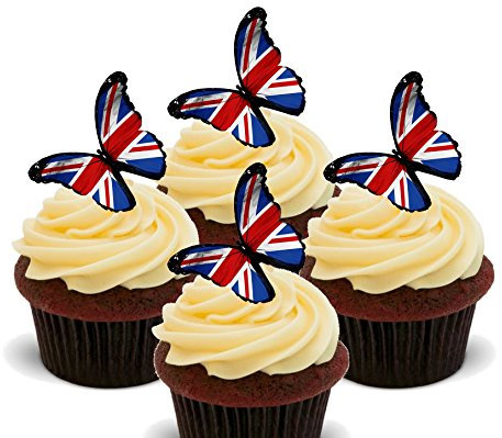 Union Jack Butterfly, Jubilee Edible Cupcake Toppers - Stand-up Wafer Cake Decorations (Pack of 12)