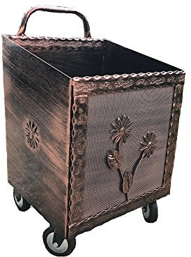 CARRELLO PORTA LEGNA FERRO BATTUTO NERO/RAME CON RUOTE CM 43X37X72H