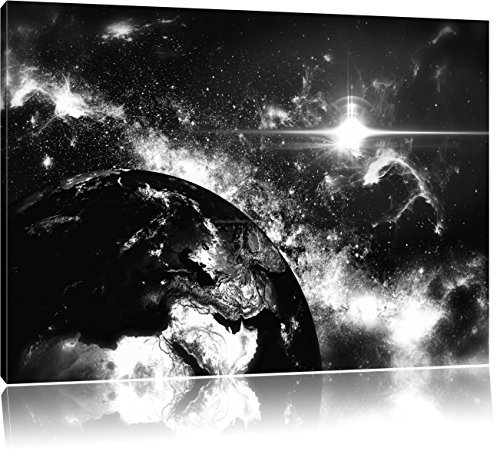 Pixxprint die Erde von Oben bei Nacht Kunst B&W, Größe: 100x70cm, Leinwandbild, fertig gespannt, Wandbild, Dekoration, Kunstdruck, kein Poster
