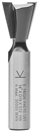 ENT 16028 Fraise queue d'arronde Carbure, Queue (S) 12 mm, Diamètre (D) 19 mm, NL 19 mm, E 14°, SL 40 mm, sans arraseurs