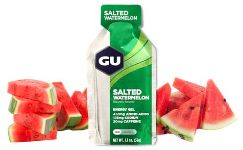 GU Original Energy Gels, Salted Watermelon 24 Pack - 100 Calorie Energy Gel with Carbohydrates, Caffeine, BCAAs and Electrolytes - Pre-Workout Fuel for Running, Cycling, Triathlon and Endurance Sports