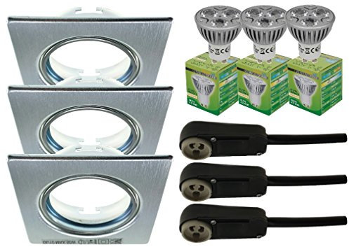 Trango 3er Pack 6729-039SHP rostfreier gebürsteter Aluminum LED Einbaustrahler Einbauleuchten in Eckig inkl. 3x 4,2Watt High-Power GU10 LED LM & GU10 Anschlußkasten direkt 230V