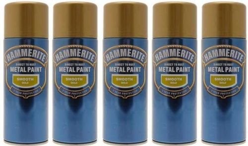 5x Hammerite Smooth Gold Metal Spray Paint 400ml x5 Aerosol Tins