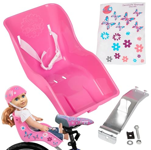 Ride Along Dolly Doll Bicycle Seat - Fits 18-22 inch Dolls & Stuffed Animals - Pink Bike Seat Attachment for Kids' Bicycles with DIY Decorate Yourself Decals - Universal Fit Girls Bike Accessory