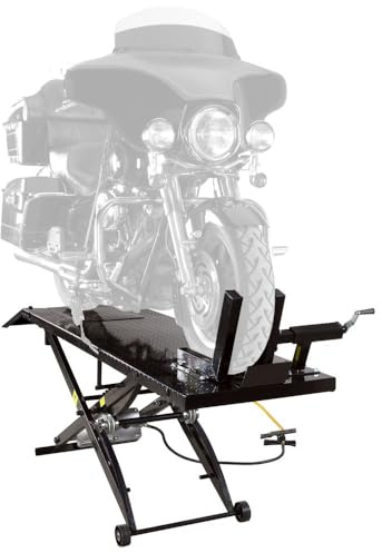 Rage Powersports Black Widow Motorcycle Lift Table Pneumatic Compressed Air 1,000 lb. Capacity Diamond Plate Safety Lock Maintenance Mods