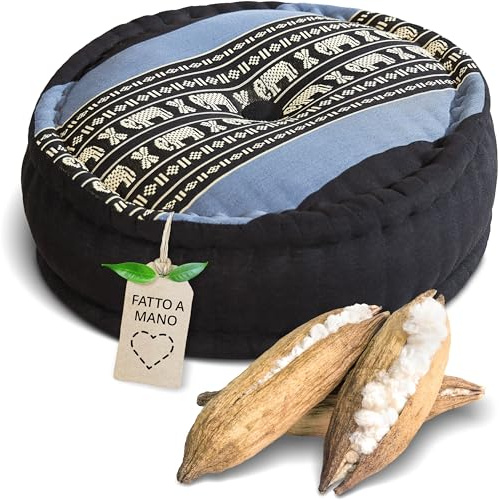 livasia Meditationskissen - Ø 38x15cm - Yogakissen mit Kapokfüllung, Pouf, Bodenkissen rund für Yoga und Zen Meditation, Zafukissen für Garten und Balkon, Sitzkissen handgemacht (Blau/Elefanten)