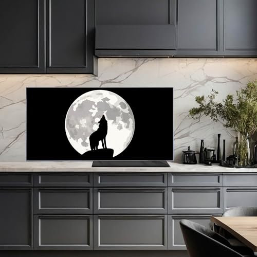 banjado Küchenrückwand Glas ohne Bohren 110x55cm – Glasrückwand Küche mit Motiv Wolf Mond/Spritzschutz Küchenrückwand Glas/selbstklebende Küchenrückwand Platte - magnetisch & beschreibbar