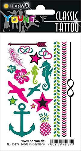 HERMA 15177 Temporäre Tattoos Anker, 19 Stück, Klebetattoos zum Aufkleben, Fake Tattoos Aufkleber mit Sommer Sterne Ananas Herzen Motiv, Kindertattoos Sticker für Fasching Karneval Kinder Erwachsene