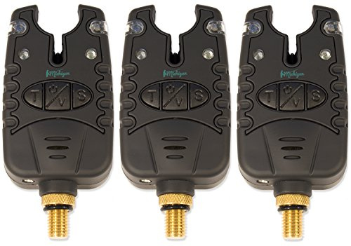 3 x Michigan Carp And Pike Fishing Bite Alarm - Waterproof Night Light with Drop Back Function & Jack Plug