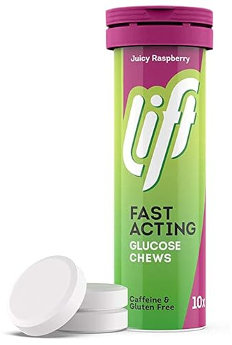 Lift Fast-Acting Glucose Tablets, Raspberry, 10 Count, 12 Pack | Fast-acting glucose tablets with 3.7g glucose per tablet; caffeine-free, vegan; Raspberry flavour; 10-tablet tube, 12 Pack