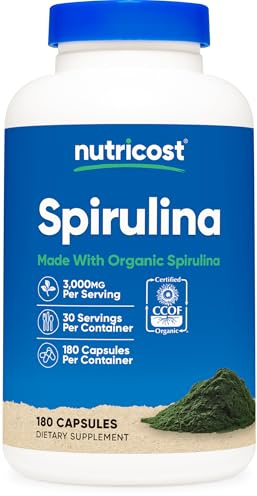 Nutricost Spirulina 3,000mg, 180 Capsules for 30 Servings - CCOF Certified Made with Organic Spirulina, Gluten Free, Vegetarian
