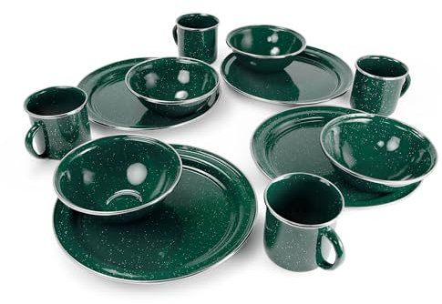 GSI Outdoors Pioneer Emaille 12 Stück (4 Personen) Geschirrset I Emaillegeschirr Geschirr inklusive Teller, Schüsseln und Tassen für Camping, Outdoor, Wohnmobil, Camp, Grün