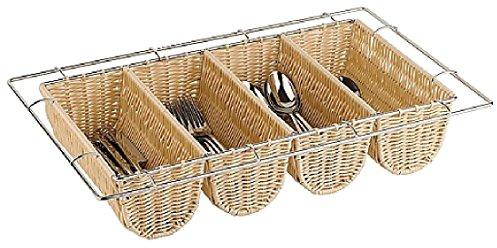 APS 11965 BUFFET GN 1/1 Beige Plastikbesteck Spender mit Metalldraht und 4 Fächern, Flechtwerk, 53 x 32,5 x 10