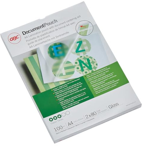GBC Laminierfolien A4 80 mic, Robuste Laminiertaschen im 100er Pack, Glänzend, Transparent, Ideal für Büro & Schule, IB585036