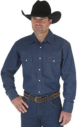 Wrangler Men's Authentic Cowboy Cut Work Western Long-Sleeve Firm Finish Shirt, Indigo Denim, 20/34