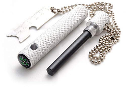 Feuerstahl mit Gehäuse aus gefräßtem Aluminium in silber mit Feuerstein aus Magnesium (60mm Länge) für Outdoor / Survival, Camping-Anzünder (Firesteel) mit integriertem Kompass, Magnesium-Flint 102 Gramm - Marke Ganzoo