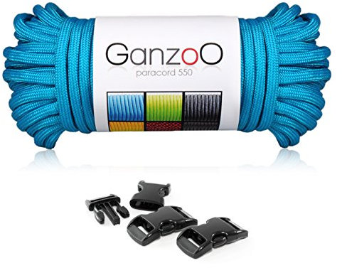 Ganzoo Set Paracord 550 Seil mit 3 x Klickverschluss 3/8“ 10mm Gurt/Schnur 4mm, Nylon - Polyester, Typ 3, 30 Meter, Outdoor-Schnur, Allzweckseil, Armband knüpfen, basteln, hellblau