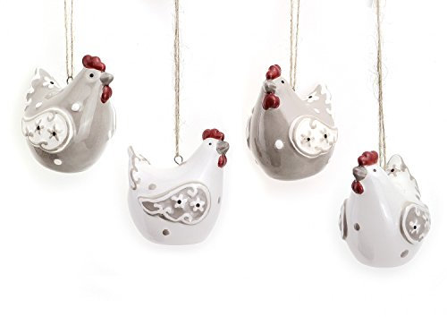 TEMPELWELT 4 x Deko Anhänger Huhn Hühnchen Henne im Set je 6 cm, Keramik grau weiß rot zum Hängen, Zweigschmuck Dekohänger Hänger Frühling Ostern Osterdeko