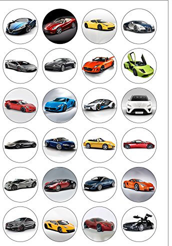 24 PRE CUT Supercar Fast Car Edible Wafer Paper Round Cake Toppers Decorations