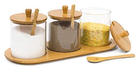 Relaxdays Gewürzgläser JIAO HBT: 12 x 31 x 12 cm Bambus Gewürzhalter für 3 Gewürzbehälter aus Glas mit passenden Löffeln als Alternative zu Gewürzständer und Gewürzregal für Küche und Esstisch, natur