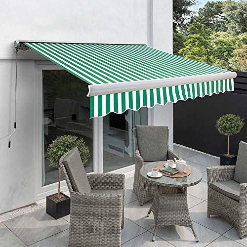Primrose 3.5m x 2.5m Manual Electric Awning Full Cassette DIY Patio Awning Gazebo Canopy (11ft 6) Complete with Fittings and Winder Handle (Electric, Green and White Stripe)