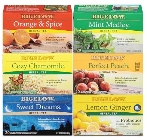 Bigelow Tea Caffeine Free 6 Flavor Herbal Tea Variety Pack, Decaf Tea with Mint Medley, Cozy Chamomile, Orange and Spice, Sweet Dreams, Perfect Peach, and Lemon Ginger, (Pack of 6), 118 Total Tea Bags