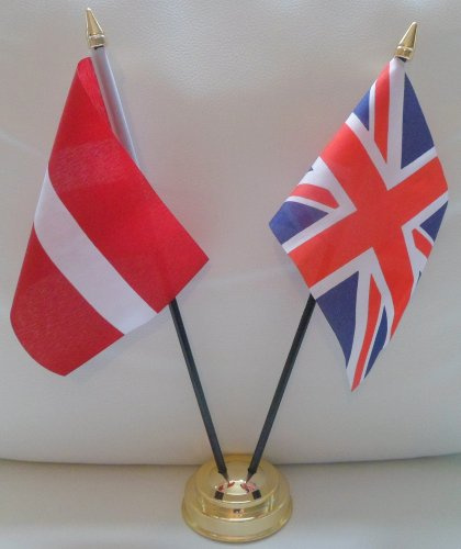 Latvia Latvian Union Jack 2 Flag Friendship Table Display With Gold Base
