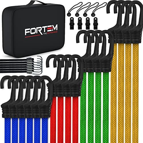 FORTEM Multipack Accesorios de Coche, 32 Piezas Muy Resistentes - Pulpos Elásticos con Gancho - Tensores de Lona - Cinchas de Amarre Elásticas con Bola - Ganchos de Metal plastificado