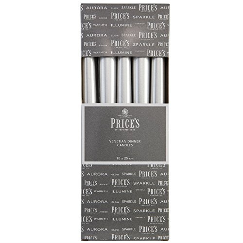 10 x PRICES HANDMADE DINNER CANDLES SILVER 25CM VENETIAN CANDLES
