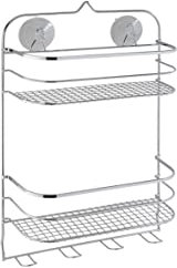 axentia Badregal Cassandra in Silber verchromt, Hängeregal mit Saugnäpfen und Schrauben, Duschregal mit zwei Ablageflächen und vier Haken, Maße: ca. 29,5 x 11 x 46 cm