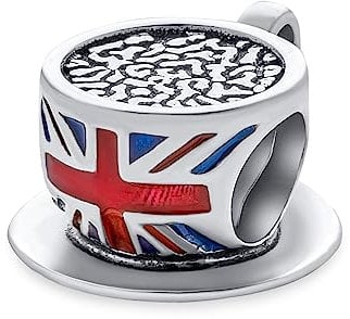 Travel England Vacation British Flag Union Jack UK London Coffee Tea Cup Charm Bead For Women .925 Sterling Silver Fit European Bracelet