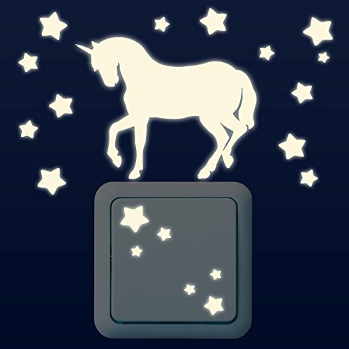 WANDKINGS Leuchtaufkleber für Lichtschalter/Einhorn mit 19 Sternen im Set/im Dunkeln Leuchtend