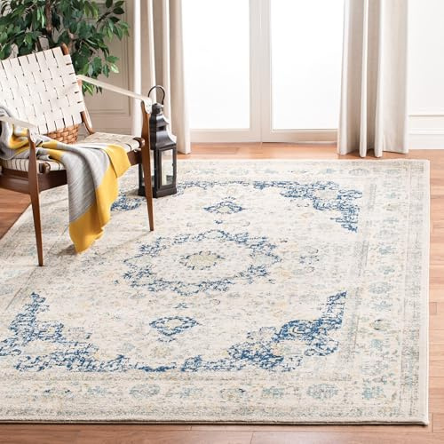 SAFAVIEH Evoke Collection Area Rug - 6'7 Square, Ivory & Blue, Shabby Chic Oriental Medallion Design, Non-Shedding & Easy to Clean, Ideal for Living Room, Bedroom, Dining Space (EVK220C)